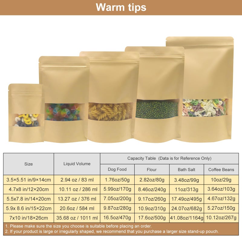 SumDirect Kraft Food Bags with Window - Resealable Kraft Stand Up Pouches, 50Pack 4.7x7.8inches Zipper Food Storage Bags for Packaging - Image 4